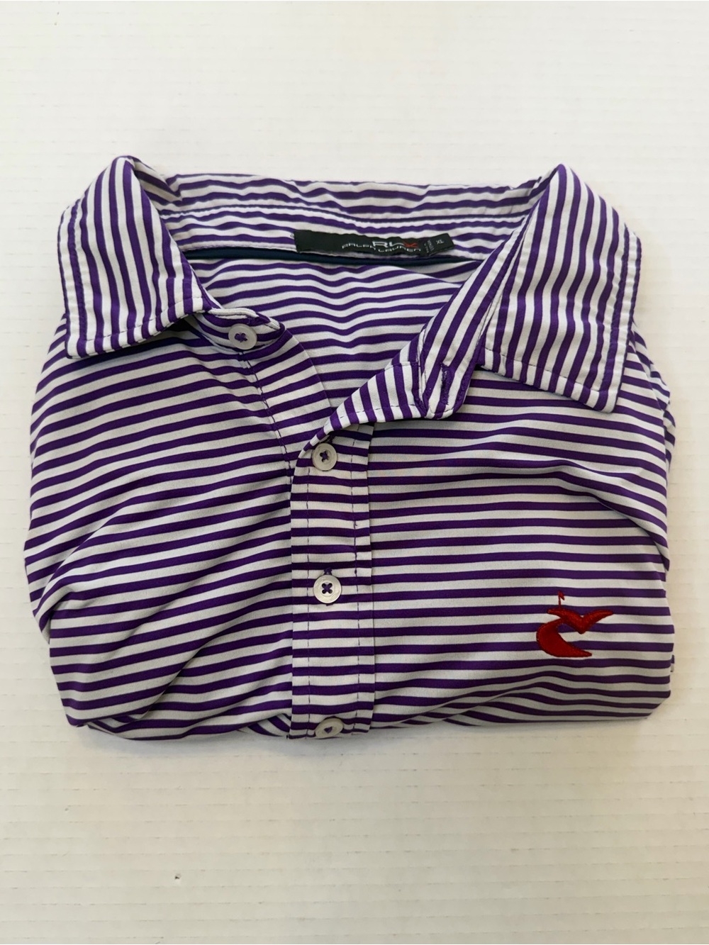 RLX Ralph Lauren Polo Shirt Men XL Purple White Striped Caves Valley Logo